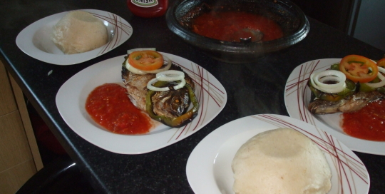 Banku, grilled tilapia with hot pepper