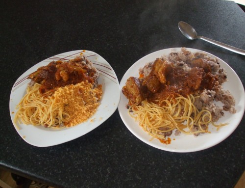 Waakye with Gari, Tagliatelle and Spicy Beef Stew