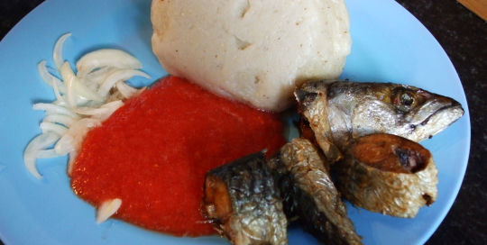 banku and hot pepper with fried mackerel